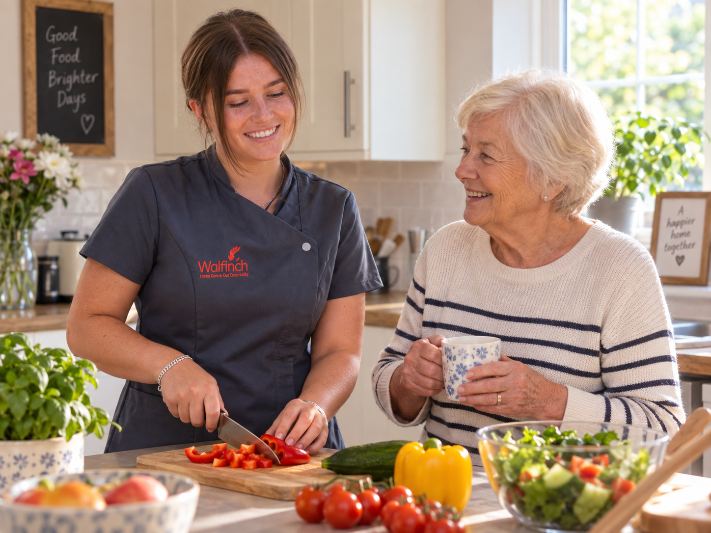 A Walfinch Newcastle carer preparing fresh vegetables with an older client in her kitchen